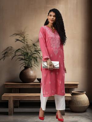 Ada Hand Embroidered Carrot Pink Cotton Lucknow Chikankari Women Kurta - A207902 1
