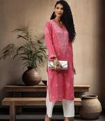 Ada Hand Embroidered Carrot Pink Cotton Lucknow Chikankari Women Kurta - A207902