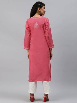 Ada Hand Embroidered Carrot Pink Cotton Lucknow Chikankari Women Kurta - A207902 2