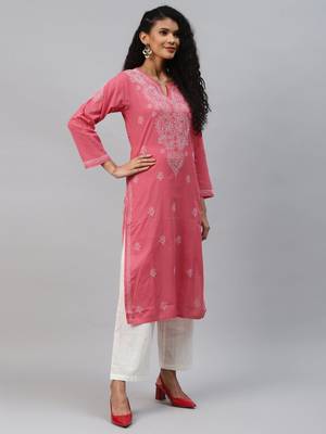 Ada Hand Embroidered Carrot Pink Cotton Lucknow Chikankari Women Kurta - A207902 3