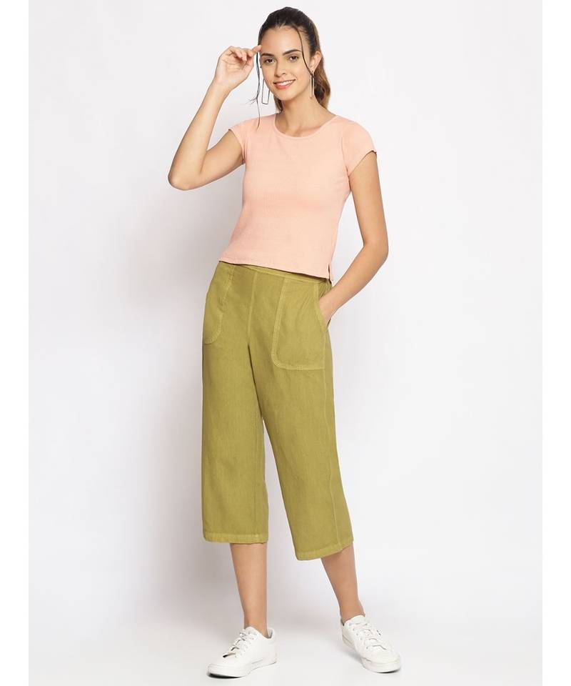 Cotton Washed Culottes in Olive Green