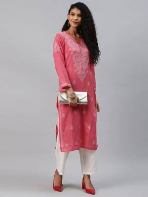 Ada Hand Embroidered Carrot Pink Cotton Lucknow Chikankari Women Kurta - A207902 4