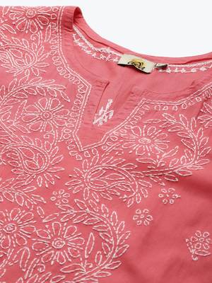 Ada Hand Embroidered Carrot Pink Cotton Lucknow Chikankari Women Kurta - A207902 5
