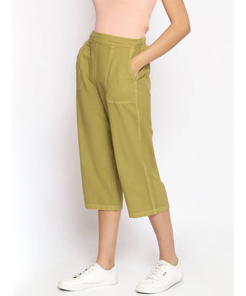 Cotton Washed Culottes in Olive Green
