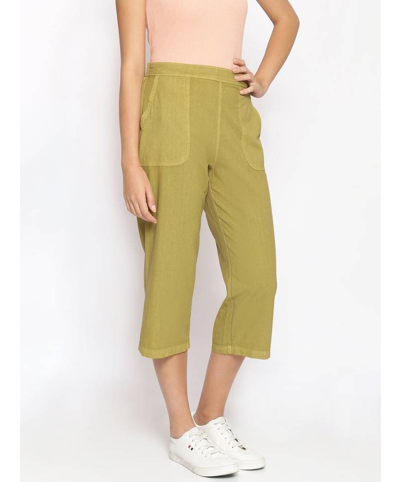 Cotton Washed Culottes in Olive Green