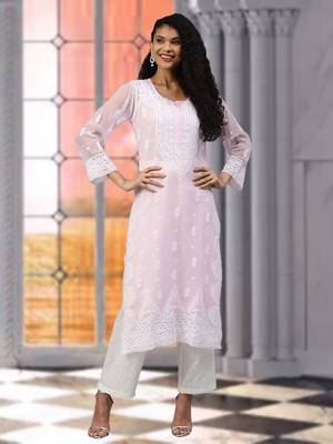 Hand Embroidered Powder Pink Georgette Lucknow Chikankari Women Kurta With Slip 1