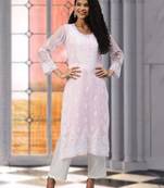 Hand Embroidered Powder Pink Georgette Lucknow Chikankari Women Kurta With Slip