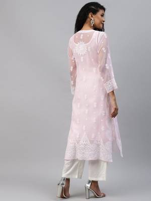 Hand Embroidered Powder Pink Georgette Lucknow Chikankari Women Kurta With Slip 2