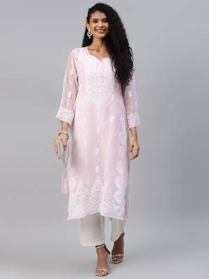 Hand Embroidered Powder Pink Georgette Lucknow Chikankari Women Kurta With Slip 3