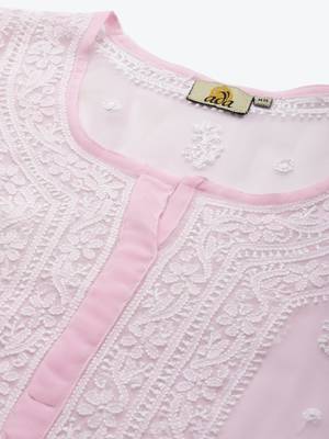 Hand Embroidered Powder Pink Georgette Lucknow Chikankari Women Kurta With Slip 4