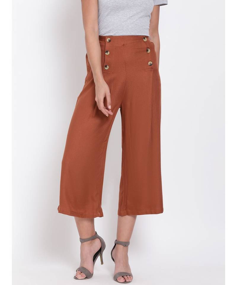Brown Button Viscose Twill Culottes
