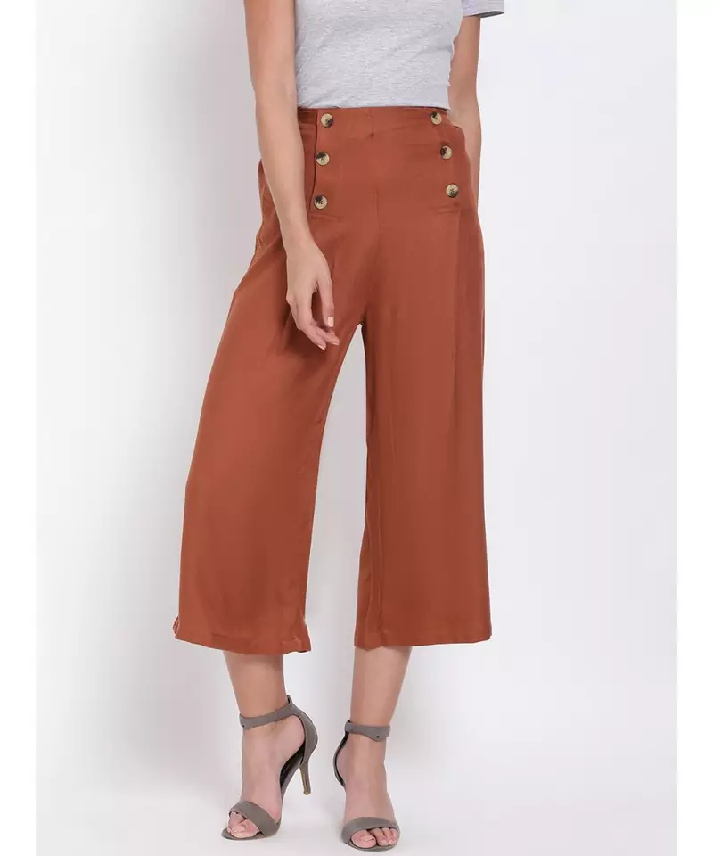 Brown Button Viscose Twill Culottes