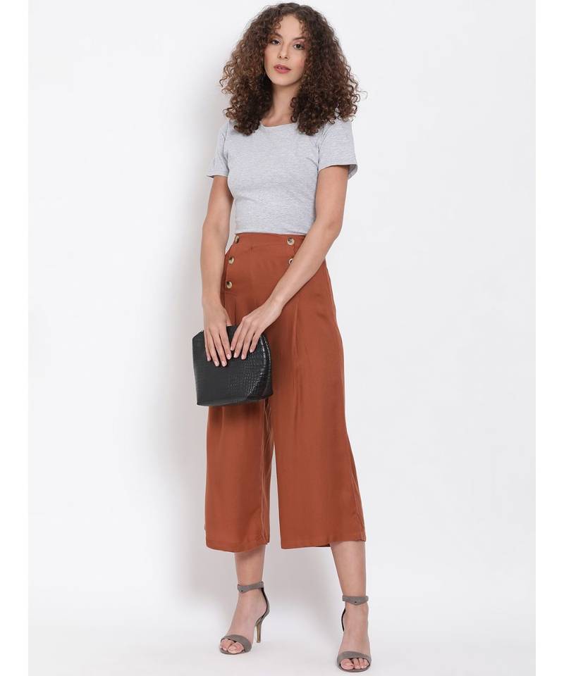 Brown Button Viscose Twill Culottes