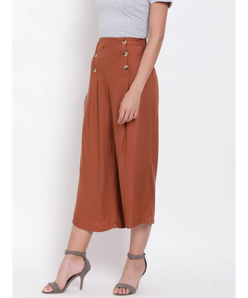 Brown Button Viscose Twill Culottes