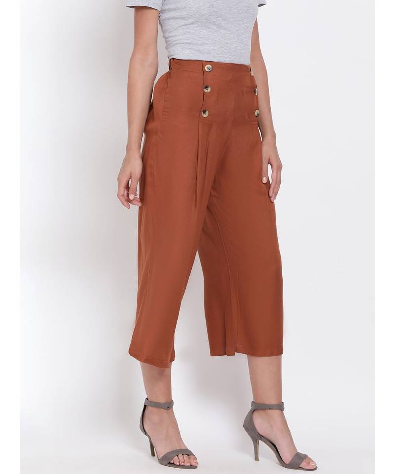 Brown Button Viscose Twill Culottes