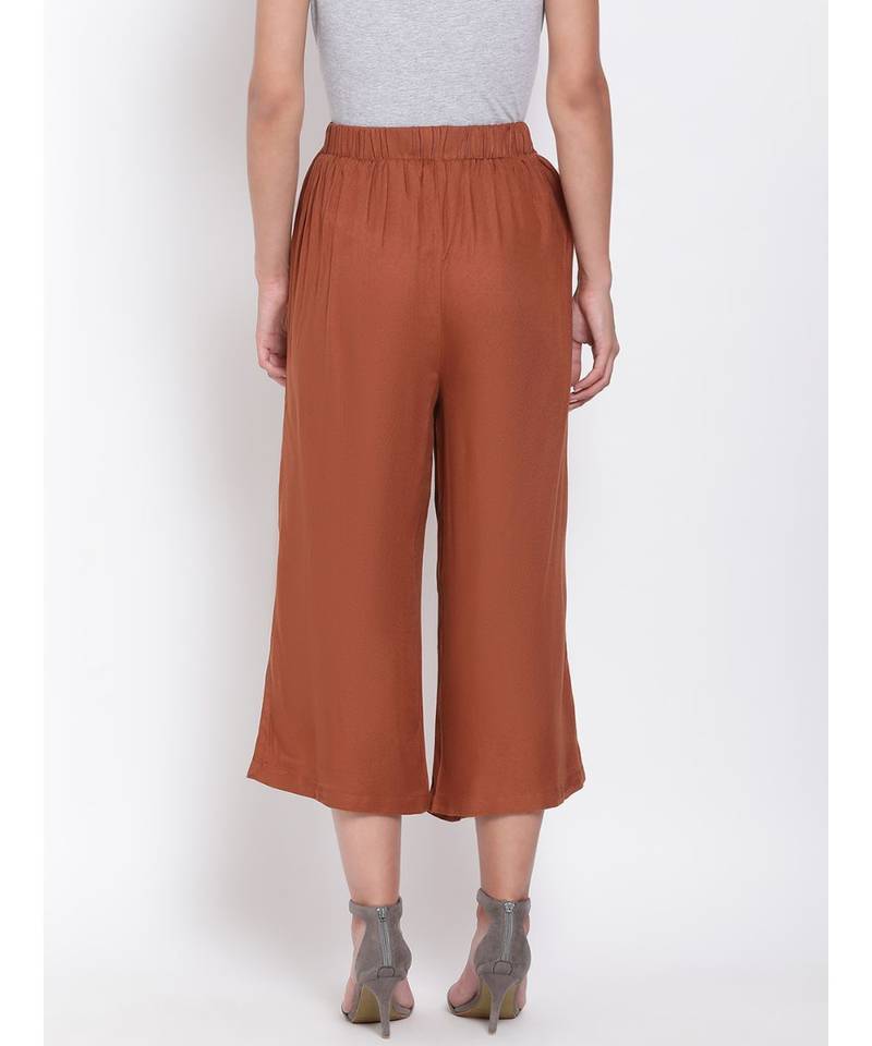 Brown Button Viscose Twill Culottes