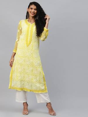 Ada Hand Embroidered Yellow Georgette Lucknow Chikankari Women Kurta with Slip - A223986 1