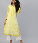 Ada Hand Embroidered Yellow Georgette Lucknow Chikankari Women Kurta with Slip - A223986