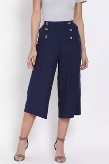 Navy Button Linen Blend Culottes