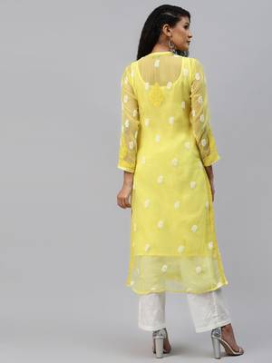 Ada Hand Embroidered Yellow Georgette Lucknow Chikankari Women Kurta with Slip - A223986 2