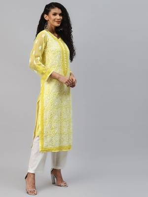 Ada Hand Embroidered Yellow Georgette Lucknow Chikankari Women Kurta with Slip - A223986 3
