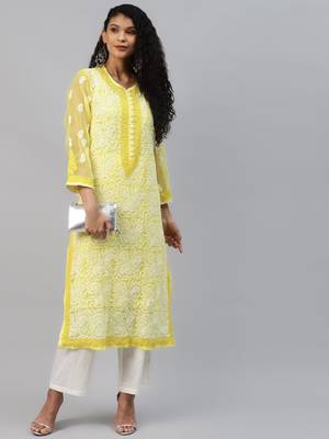 Ada Hand Embroidered Yellow Georgette Lucknow Chikankari Women Kurta with Slip - A223986 4