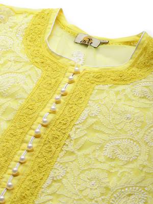 Ada Hand Embroidered Yellow Georgette Lucknow Chikankari Women Kurta with Slip - A223986 5