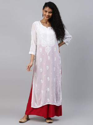 Hand Embroidered White Georgette Lucknowi Chikankari Women Kurta 1