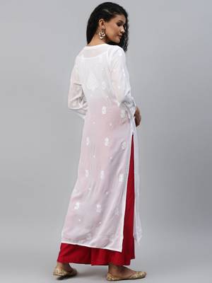 Hand Embroidered White Georgette Lucknowi Chikankari Women Kurta 2