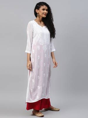 Hand Embroidered White Georgette Lucknowi Chikankari Women Kurta 3