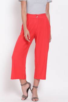 Red Ankle Length Linen Blen Pants