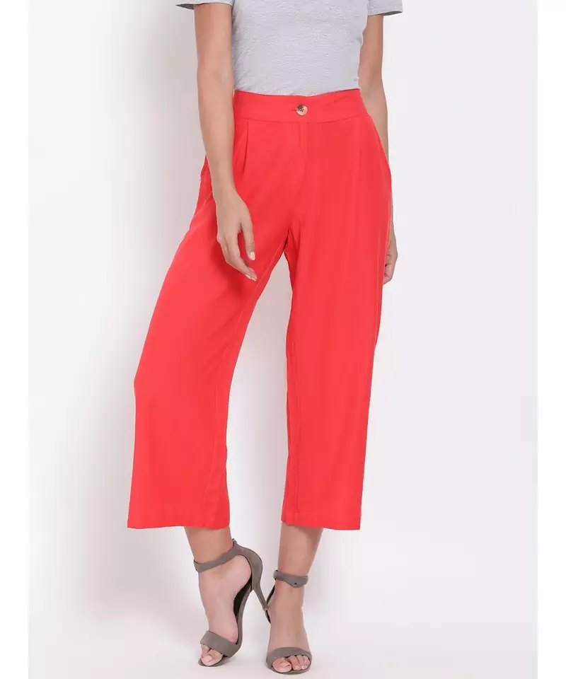 Red Ankle Length Linen Blen Pants