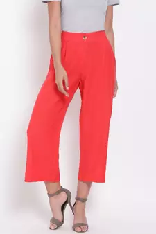 Red Ankle Length Linen Blen Pants