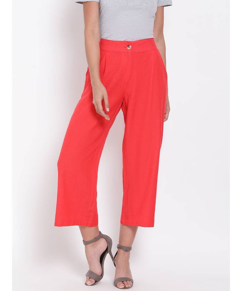 Red Ankle Length Linen Blen Pants