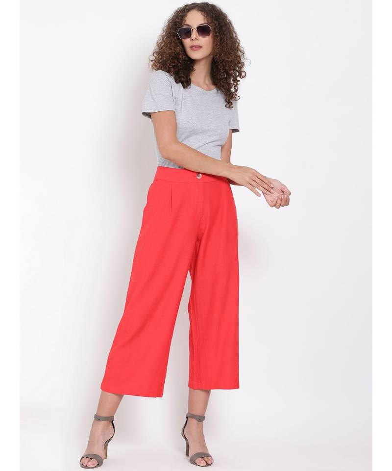 Red Ankle Length Linen Blen Pants