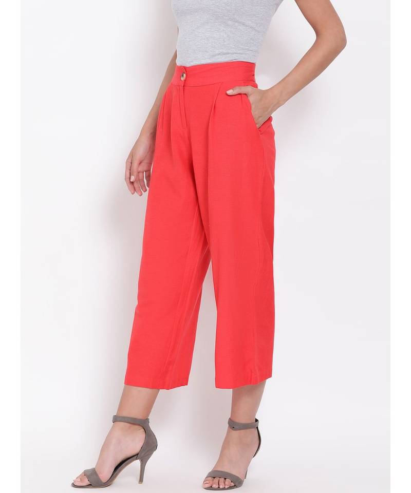 Red Ankle Length Linen Blen Pants