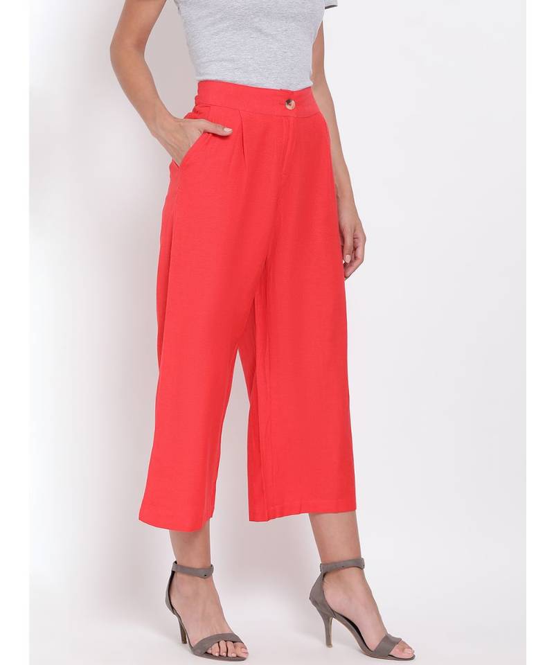 Red Ankle Length Linen Blen Pants