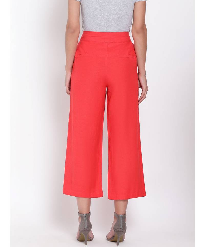 Red Ankle Length Linen Blen Pants