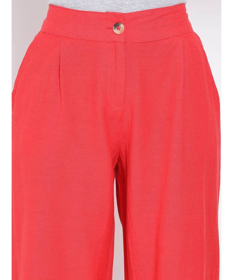 Red Ankle Length Linen Blen Pants