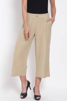Beige Ankle Length Linen Blend Pants