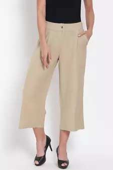 Beige Ankle Length Linen Blend Pants