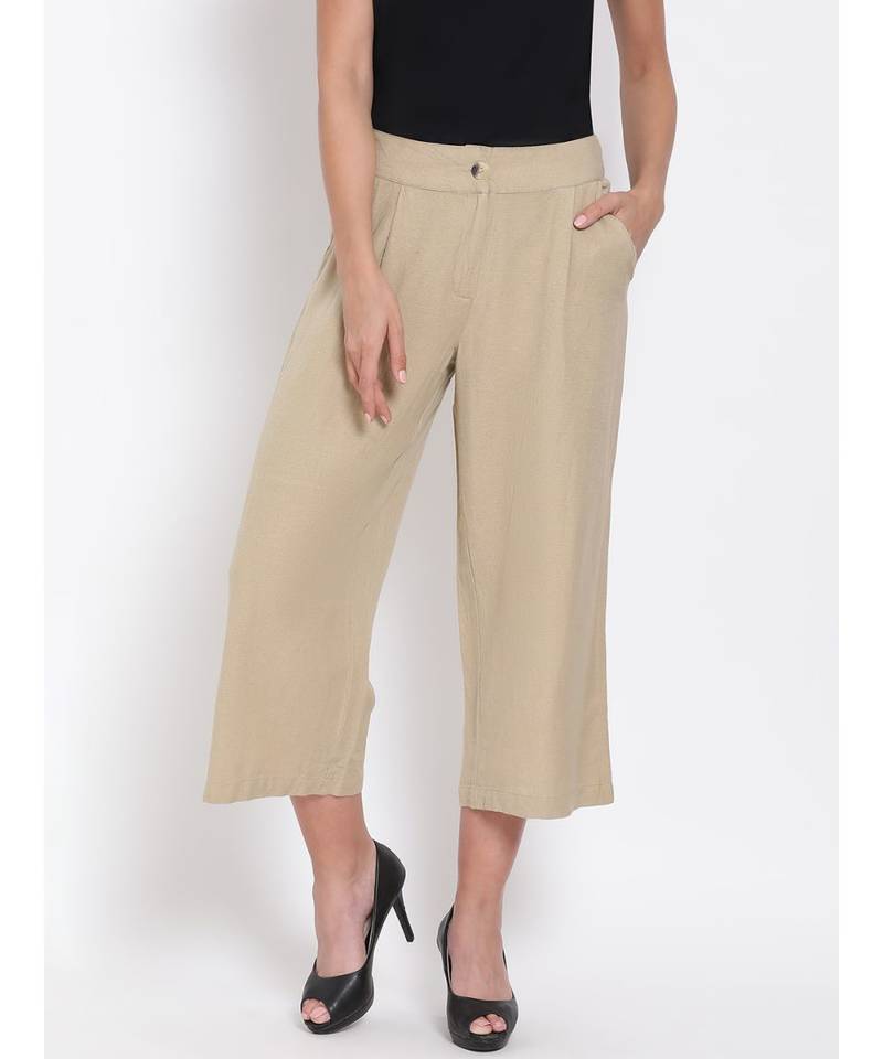 Beige Ankle Length Linen Blend Pants