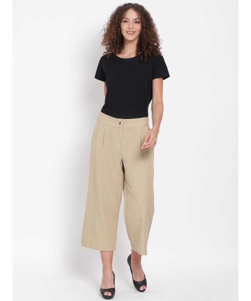 Beige Ankle Length Linen Blend Pants