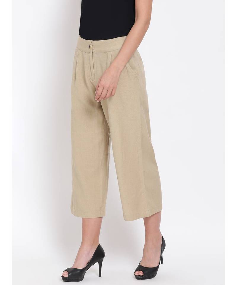 Beige Ankle Length Linen Blend Pants