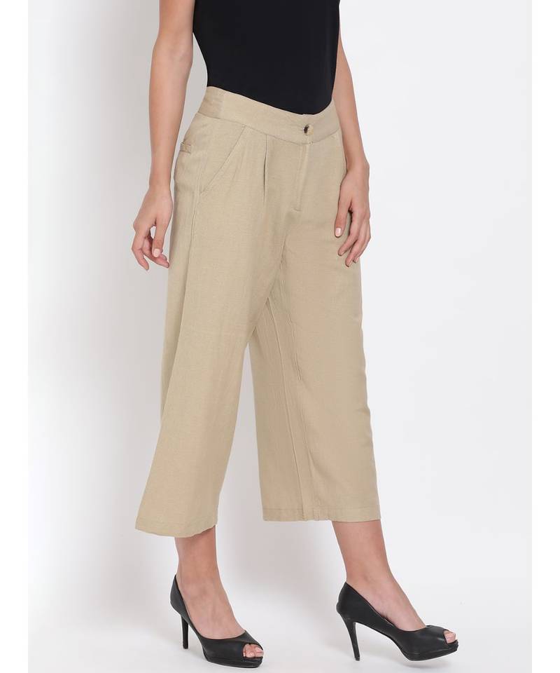 Beige Ankle Length Linen Blend Pants