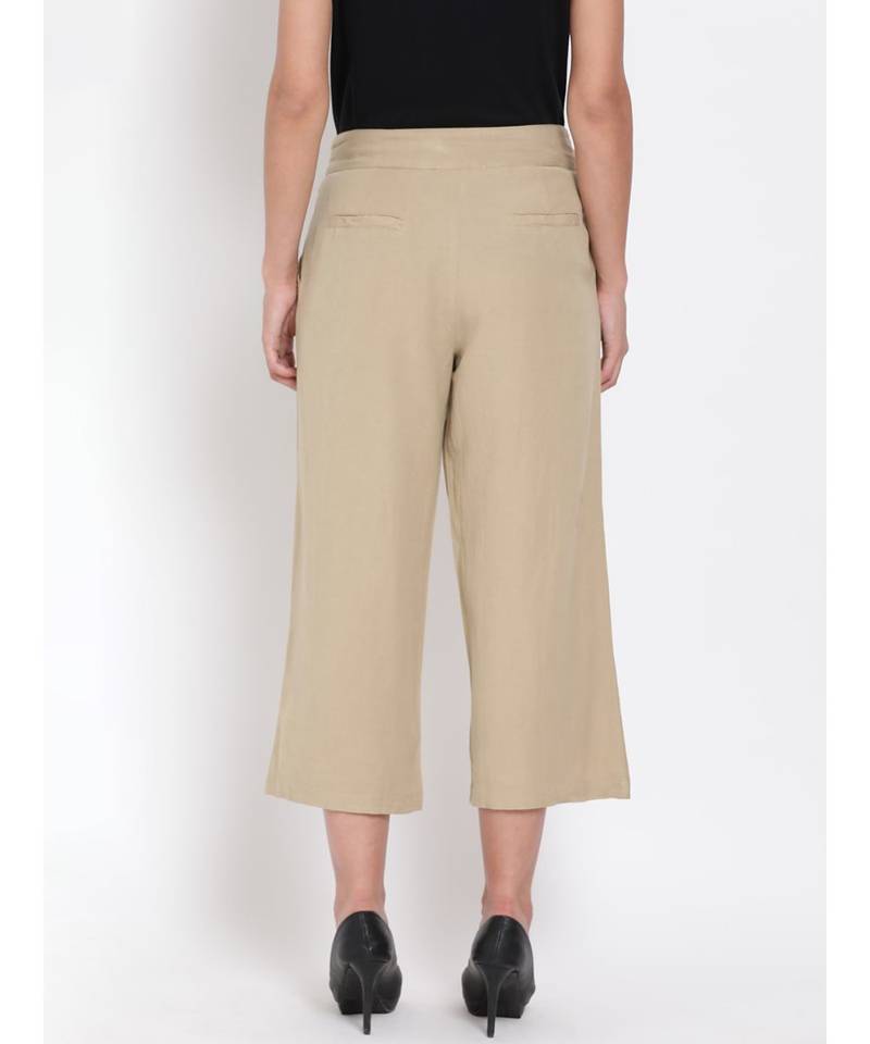 Beige Ankle Length Linen Blend Pants