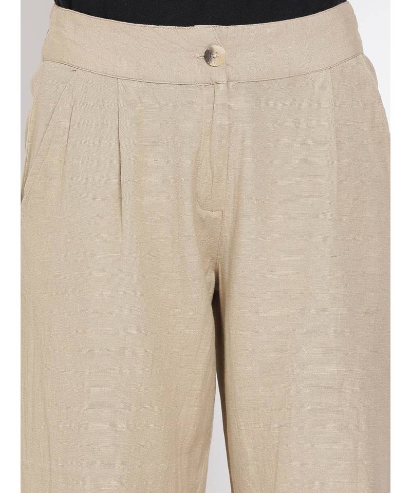 Beige Ankle Length Linen Blend Pants