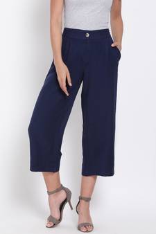 Navy Ankle Length Linen Blend Pants
