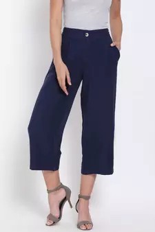 Navy Ankle Length Linen Blend Pants