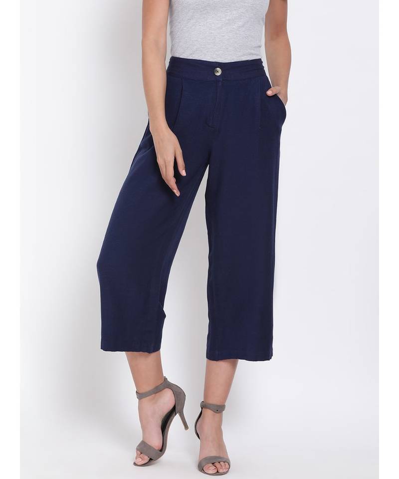 Navy Ankle Length Linen Blend Pants